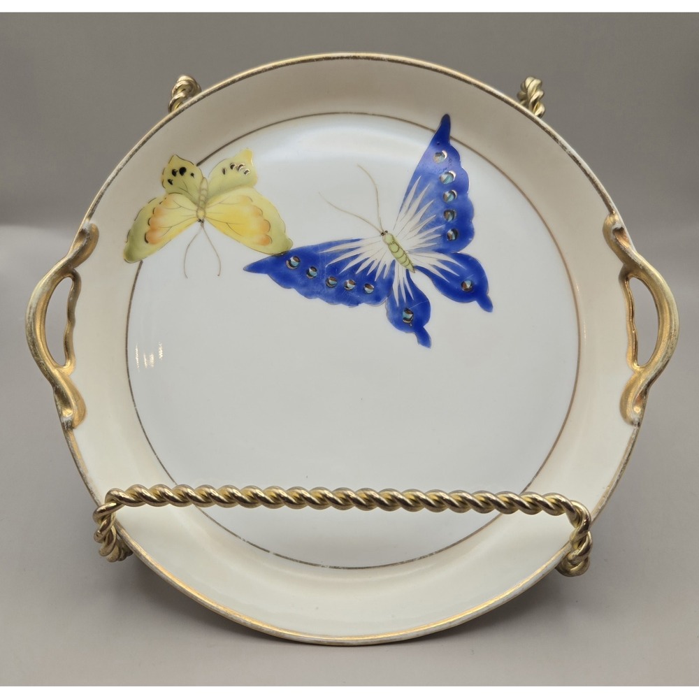 Nippon Butterfly Plate With Handles Vintage Hand‎ Painted Gold Gilded